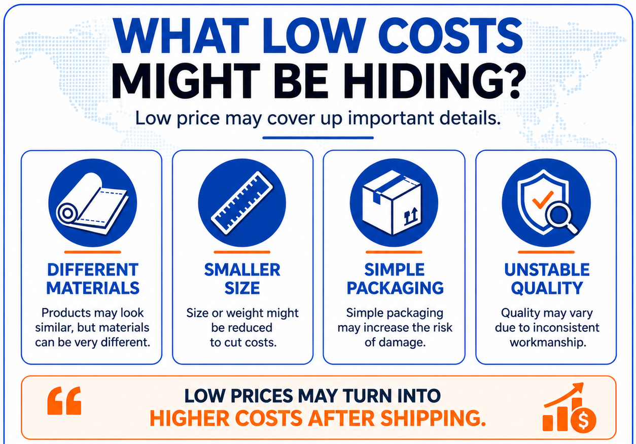 Infographic explaining hidden sourcing risks behind unusually low costs