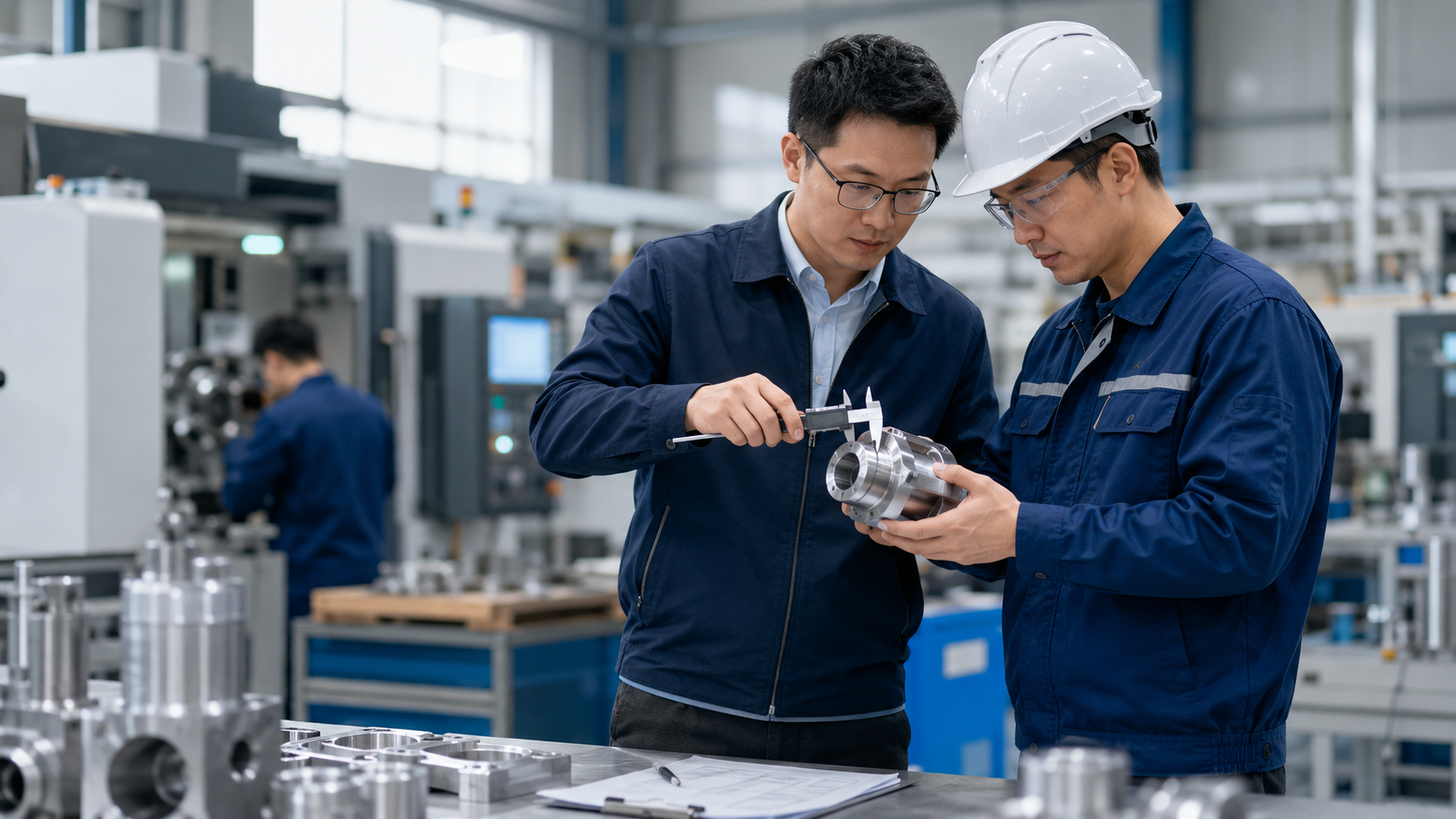 China sourcing specialist inspecting a metal component with a factory engineer